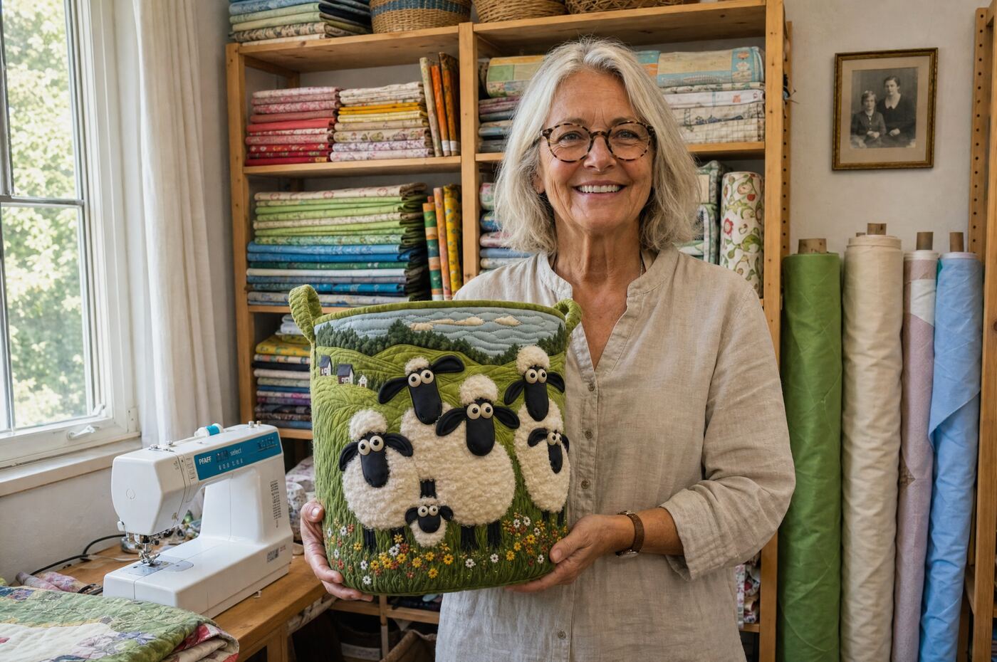 Rosie Whitfield holding one of her hand-quilted Woolly Meadow baskets in her Noosa workshop