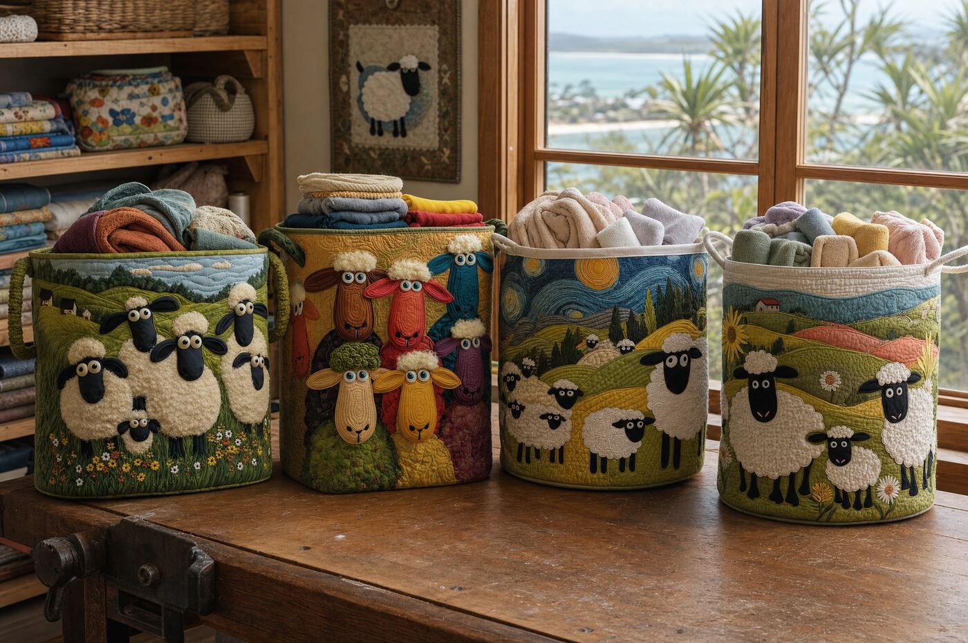 Four of Rosie's Woolly Meadow basket designs lined up in her Noosa workshop, ocean visible through the window