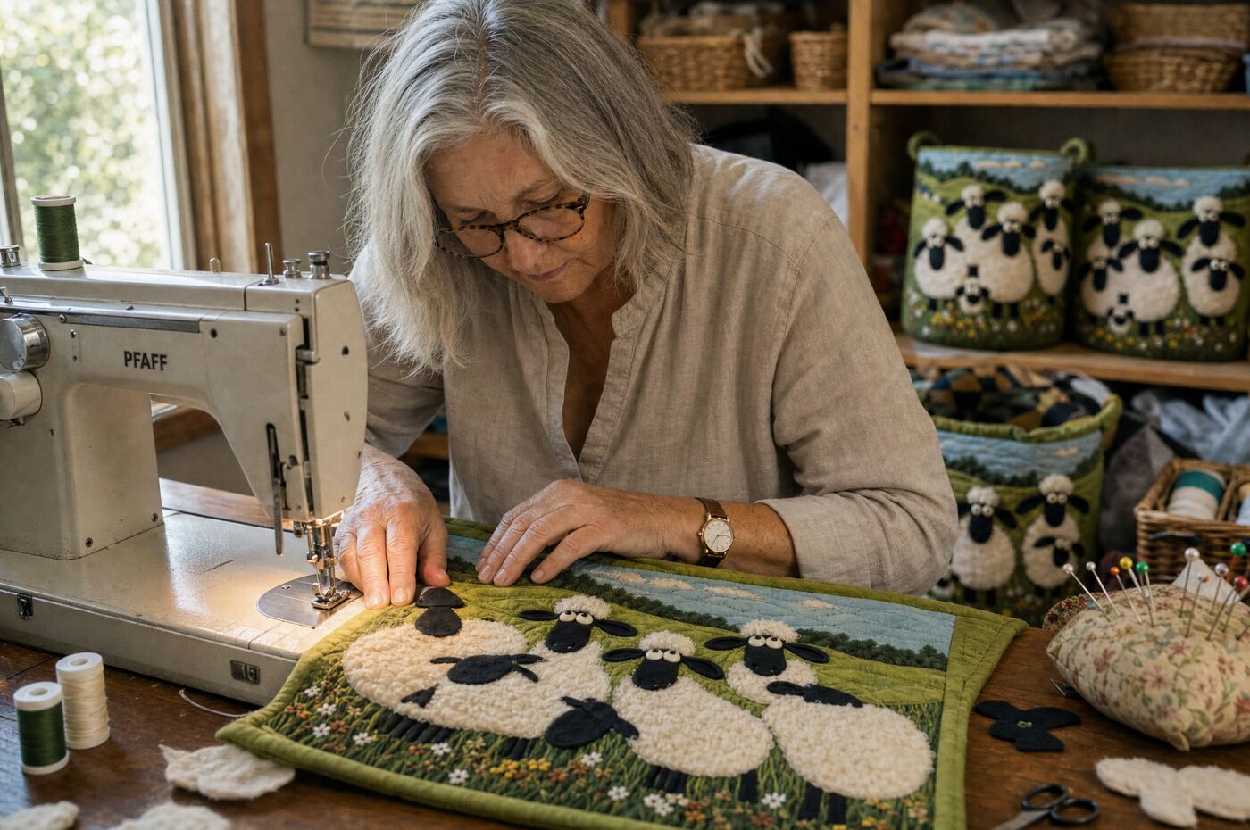 Rosie hand-stitching one of her last Woolly Meadow baskets